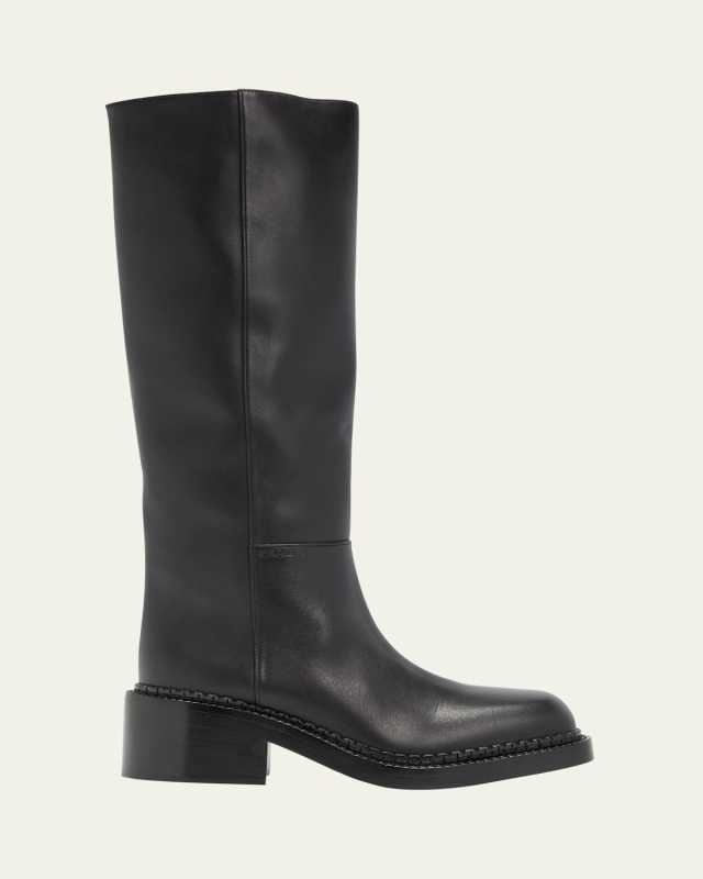 Calf Leather Square-Toe Knee Boots